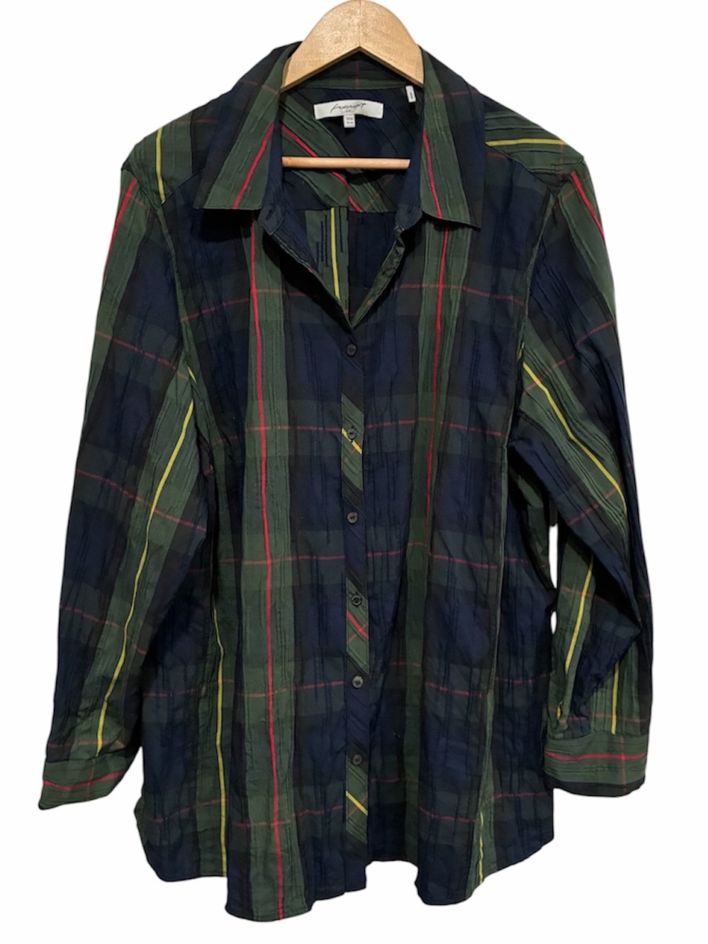 Foxcroft Plaid textured Button up blouse Navy, Dark Green & red